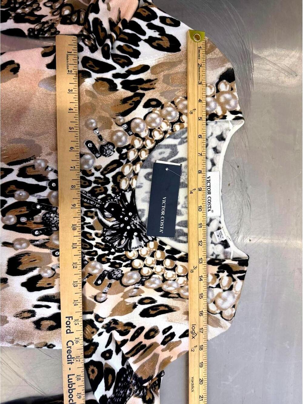 VICTOR COSTA M SPRING SWEATER 3/4 SLEEVE SCOOP NECK LEOPARD PEARL &BOW PRINT NWT - Picture 5 of 8